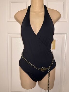 Michael Kors Black Halter One-Piece with Gold Chain Belt